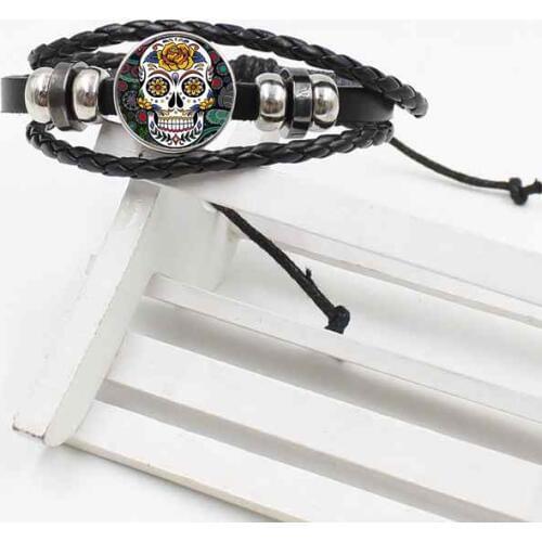 Popular fashion classic Mexican skull bracelet crystal glass woven leather mens jewelry