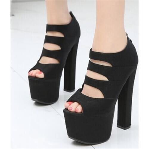 17CM Thick High Heels Women Sandals Waterproof Female Platform Summer Flock Slip On ZIP Peep Toe Dress Party Wedding shoes woman