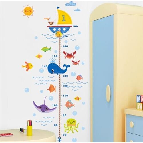 Sealife Whale Fish Growth Chart Wall Stickers For Kids Room Decoration Diy Nursery Animals Mural Art Children Height Home Decals