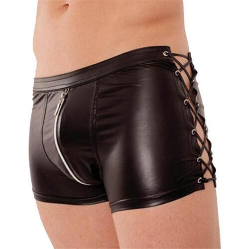 Sexy Men Leather Boxer Underwear Erotic Jockstrap Black Faux Vinyl Male Panties Zipper Front Gay Boxer Shorts Pouch Underpants