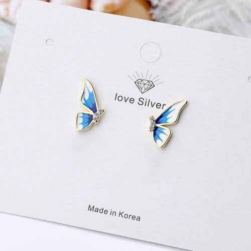 925 Sterling Silver Stud Earrings Color Spread Wing Butterfly Gradient Blue Classical Antique Stud Earrings