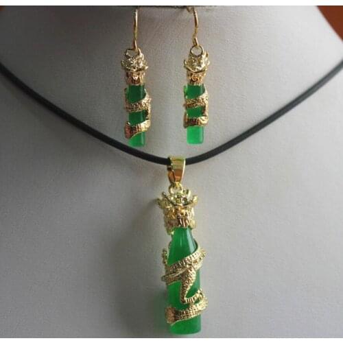 Chinese style 18k dragon and green natural jade pendant & earring sets