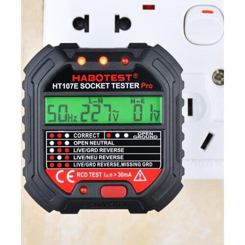 HT107 Socket Tester Voltage Test EU/UK/US Plug Line Tester RCD Voltage Measurement LCD Display for Leakage Protection