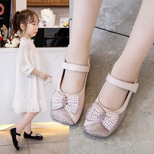 Beige Pink Childrens Leather Shoes Kids Bead bow Girls Princess Shoes For Wedding Party Performance Girl Dance Shoes 1 2 3 4-12T