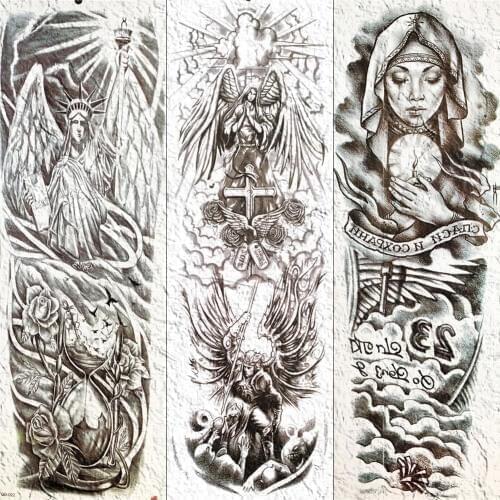 YURAN Long Temporary Full Arm Leg Tattoo Sticker Waterproof Sun Cross Angel Tatoos For Men Women Nun Body Art Tattoo Paper Paste