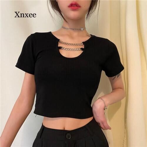 Short Sleeve Round Neck Chain Hollow Dark Solid Cute Punk Bodycon T-Shirt t Shirt Women Sexy Crop Top Harajuku Summer Korean Tee