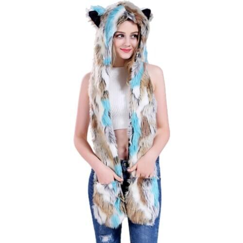 Women 3 In 1 Furry Animal Hat Scarf Gloves Mittens Colorful Plush Hoodie Paws