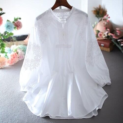 Cotton 100% Embroidery Women Shirts Summer New Long Straight Office Lady Solid Loose Elegant Outwear Tops