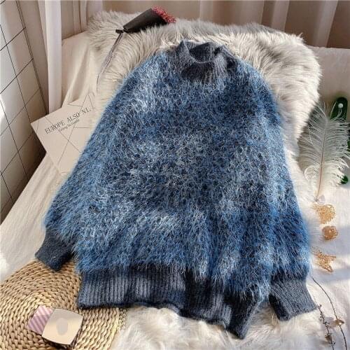Mohair knitted women sweaters and pullovers o-neck solid blue lantern sleeved thicken warm lady elegant pulls tops