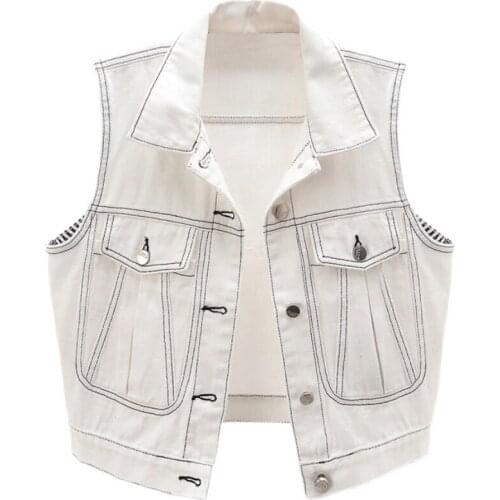 Womens Spring Autumn Sleeveless Vintage White Denim Vest Female Winter Plus Size Slim Short Waistcoat 2XL TB306