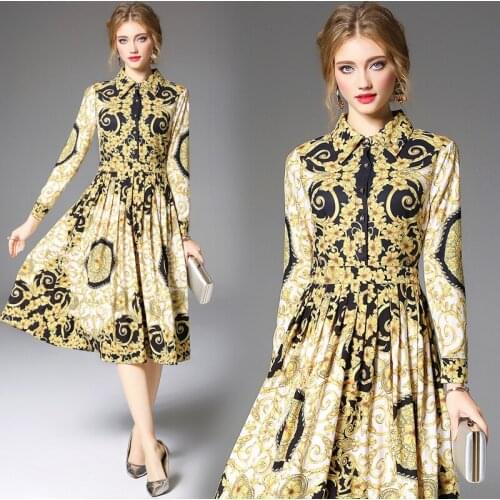 2019 Spring Summer Fall Vintage Floral Print Collar Turn Down Neck Pleated Long Sleeve Women Lady Party Casual Luxury Dress