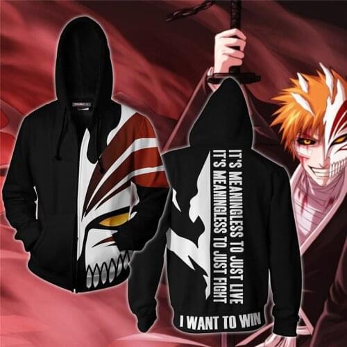 Anime BLEACH Ziper Cool Mens Hoodies Cool Pullover Tops Coat Jacket Unisex Jumper Sweatshirt Streetwear Cosplay Costume