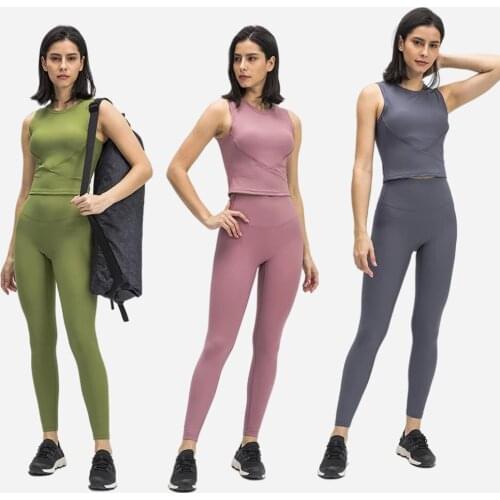 Threaded Round Neck Seamless Yoga Workout Set 2 Piece Women Sports Vest Outfits Gym Sports Bra High Vaist Pants