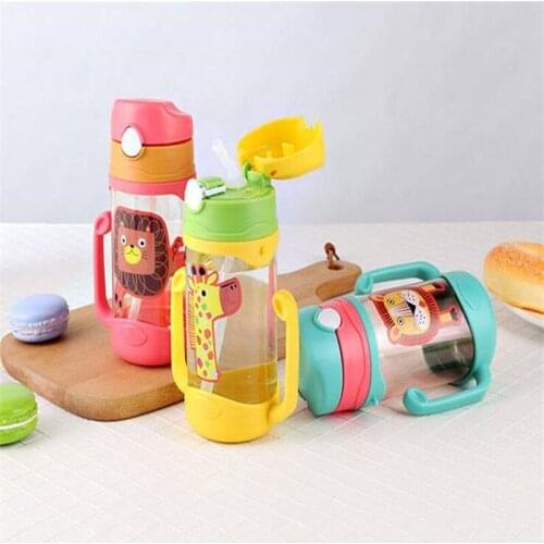 Kids Double Handle Drinking Cartoon Water Bottles BPA Free Plastic Straw Children Bottle Children Kettle Portable Sports Bottle