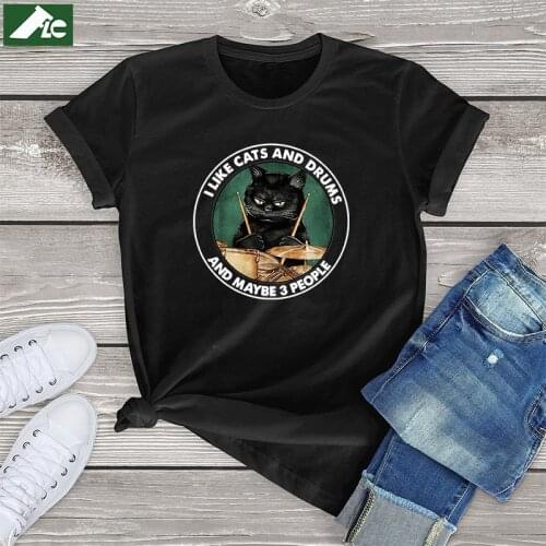 KAWAII cat t shirt women clothing Funny Drummer I Like Cats And Drums harajuku womens Shirt fashion girls tee unisex tops 3xl