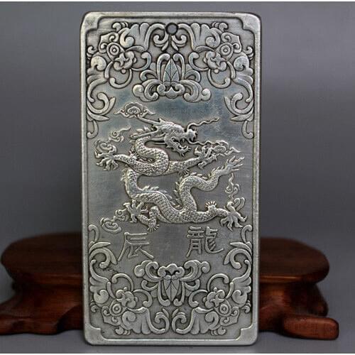 Exquisite Old "Chinese Zodiac - Dragon" Tibetan Silver thanka amulet auspicious plate 135g
