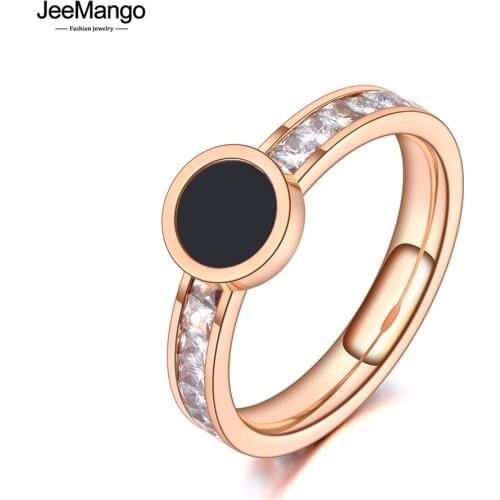 JeeMango Trendy Titanium Steel Black Acrylic Rings Rose Gold Original Design CZ Crystal Wedding Ring Jewelry For Women JR20053