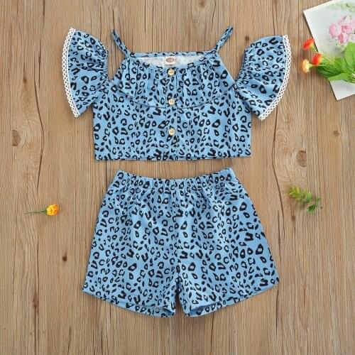 Toddler Girls 2Pcs Summer Sweet Cute Bare Shoulder Button Decoration Clothes Short Sleeve Leopard Crop Tops + Short Pants Set