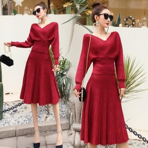 2020 autumn winter 2 Pieces Set Knitted Pullover Sweater Knit Tops +Skirt Suits Fashion Elastic waist pleats Skirt Sets