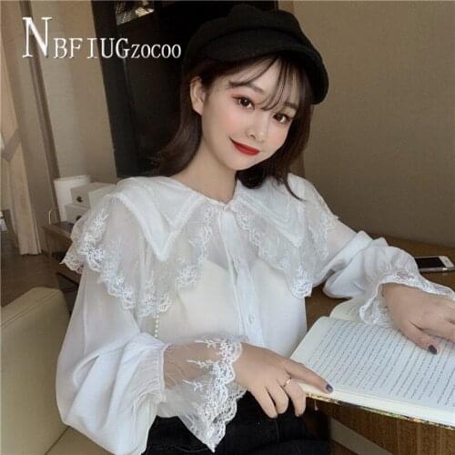 Lace Patchwork Single Breasted Women Blouse Long Sleeve Sweet Female Blouses