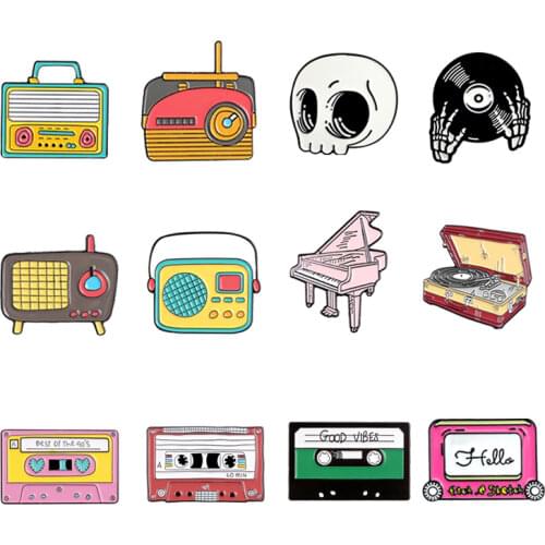 Music collection series metal pins fashion recorder TV portable audio CD emoticon tape piano portable piano enamel brooch gift