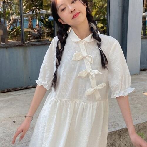 Kawaii Peter Pan Collar Cute Ruffle Midi Dress Japanese Sweet Girl Lolita Drees Elegant Sweet Gentle Retro White Summer Dresses