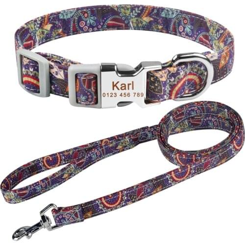 Airuidog Nylon Pet Dog Collar Leash Set Personalized Collars Lead For Small Medium Large Dogs Pugs Customized Puppy ID Name