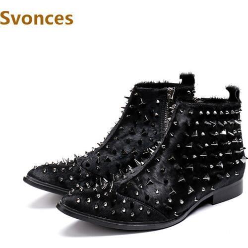 New Fashion Mens Boots Shoes Horse Hair Luxury Rivets Spikes Zipper Designer Ankle Boots Male Pointed Toe Breathable Brand Shoes