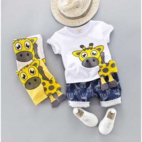 New Cartoon Summer baby boys set childrens t-shirt three-dimensional giraffe five-point jeans 2pcs set