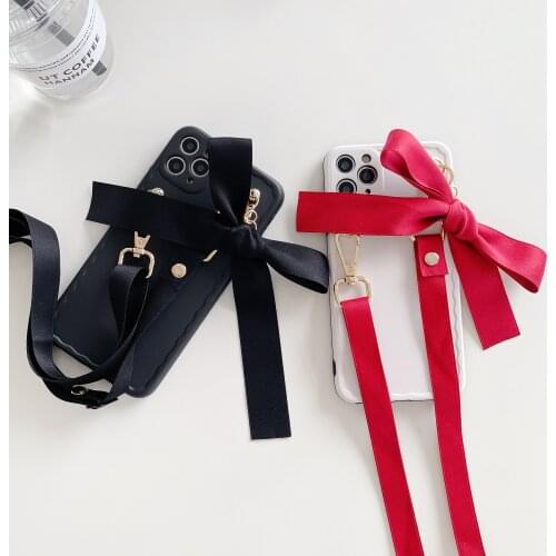 Solid Color Photo Frame Phone Case for iPhone 12 Mini 11 Pro XS Max XR 7 8 Plus Bowknot Hanging Rope Crossbody Strap Cover Shell