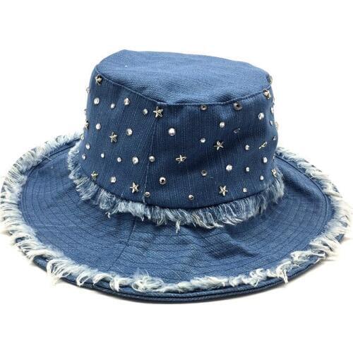 Women Solid Denim Bucket Hat Wide Brim Cotton Fisherman Hat Girls Black Denim Sun Protective Hat Studs Stones Tassel Bucket Hat