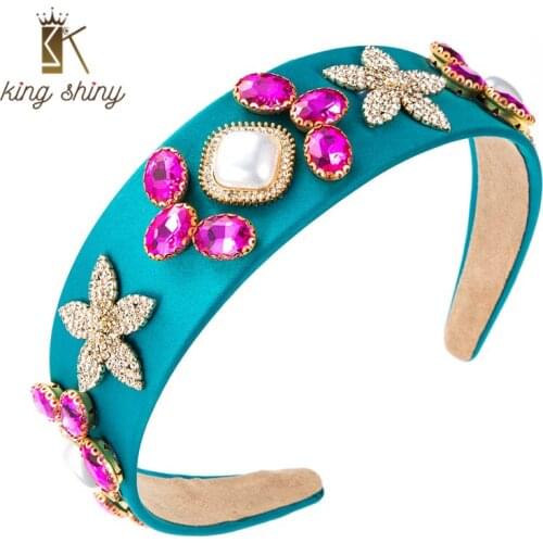 King Shiny Luxury Multi Color Crystal Flower Headband Vintage Simulated Pearl Rhinestone Beaded Hairband Girls Party Tiara Bezel