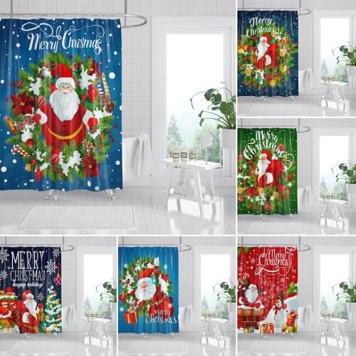 Merry Christmas Shower Curtain Christmas Tree Santa Claus Bathroom Decor Shower Curtain Floral Bathroom Curtain With Hooks Sets