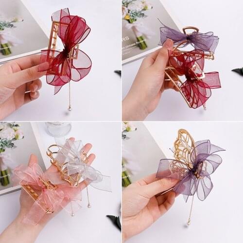 Mesh Bow knot Pearl Pendant Tassel Hair Accessories Headdress Grab Clip Hair Clip Back Head Disc Shark Clip