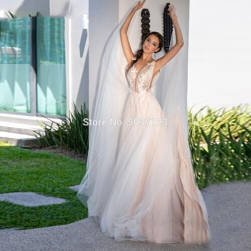 Chic Shiny Tulle A Line Dresses 2021 Sexy Beading Lace Appliques V Neck Floor Length Open Back Wedding Gowns Pink Vestido Noiva