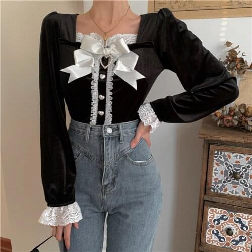 Velvet Shirts Women Velour Blouse Short Slim Lace Trim Pullover Bowknot Long Sleeve Square Collar Vintage Shirt Sweet Tops Black
