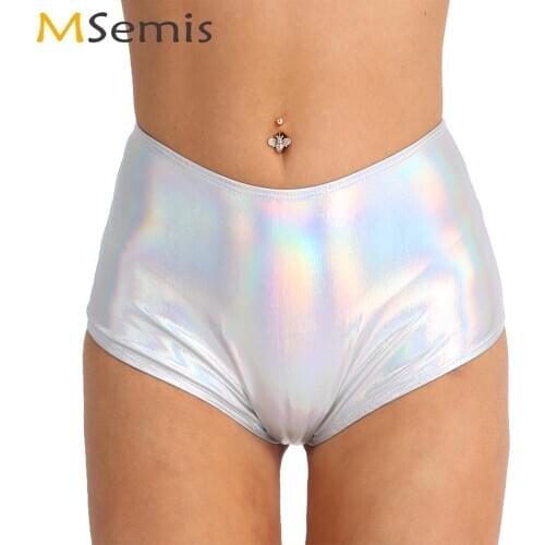 MSemis Women Party Rave Shiny Metallic Booty Shorts Sexy High Waist Back Zipper Leather Panty Pole Dance Holographic Mini Shorts