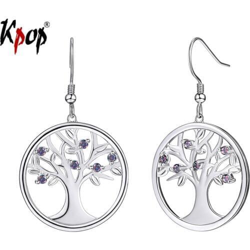 Kpop 925 Sterling Silver Tree of Life Earrings Boho Gpsy Jewelry Rainbow Stone Family Tree Circle Hook Earrings for Women E6247