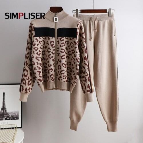 Womens Knitted Tracksuits Leopard Zipper Up Cardigans + Elastic Trousers Suits Two Piece Set 2021 Autumn Winter Sportsuits