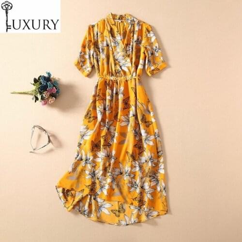 Runway High Quality New 2020 Summer Women V-Neck Elegant Flower Print Drawstring Waist Short Sleeve Green Yellow Dress