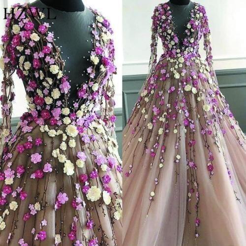 Elegant 3D Handmade Flowers Beaded Prom Dresses 2020 Long Sleeve Sheer Neck robe de soiree Evening Dresses Long שמלות ארוכות