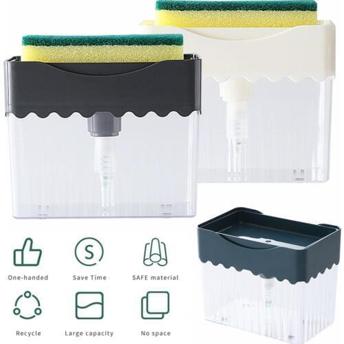 2 In 1 Soap Pump Dispenser Sponge Holder Manual Press Soap Caddy With Washing Sponge Kitchen Sink Dish Wash Cleaing Tool 385ml
