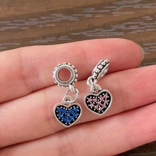 5pcs Pack Big Hole Blue Pink Crystal Rhinestone Heart Dangle Charm Pendant DIY Bead For Charm Bracelet Jewelry Pulsera
