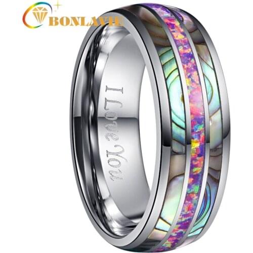 BONLAVIE 8mm Dome Inlaid Acacia Purple Opal Tungsten Steel Ring For Women Mens Silver Color Engrave Love Finger Ring