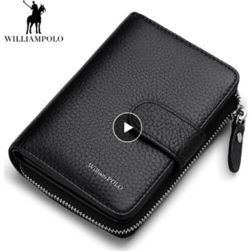 WilliamPOLO Genuine Leather mens wallet Business Credit Card Holder Multifunction Zip Purse Drivers license ID card case short