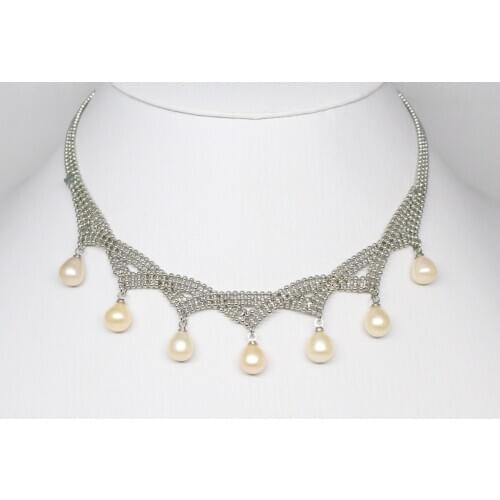 Beauty Silver Color Metal Chains Choker Teardrop Pearl 7beads Pendant Necklace 17inches Choose Color