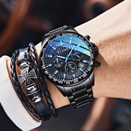 JLANDA Stainless Steel Luminous WaterproofBlack Watches Male Chronograph Quartz Watch Casual Fashion Sports Mens Luxury
