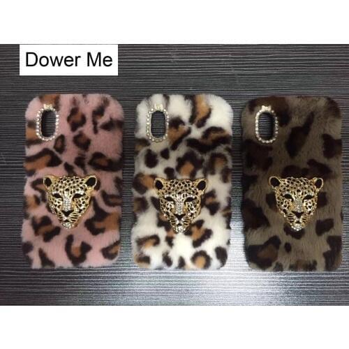 Dower Me Fashion Diamond Leopard Head Winter Warm Leopard Grain Furry Rabbit Fur Case Cover For iPhone XS Max XR X 8 7 6 6S Plus