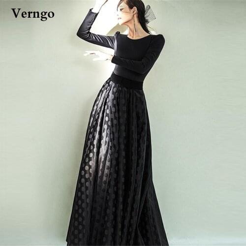 Verngo Modest Black A Line Evening Dresses Long Sleeves O-Neck Satin And Polka Spot Floor Length Mother Formal Party Dress