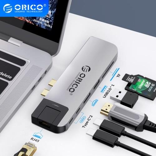 ORICO USB Type C HUB Dual USB-C to 8K HDMI-Compatible RJ45 USB3.0 PD SD TF Reader for MacBook Pro Air Adapter Thunderbolt 3 Dock